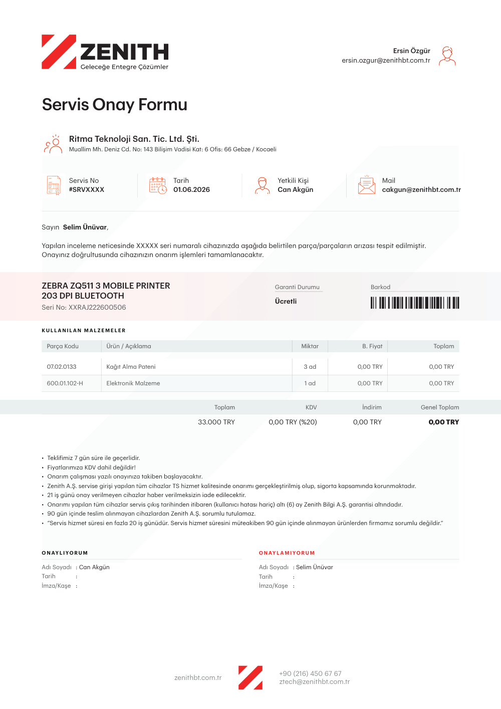Servis Formu — Zenith3